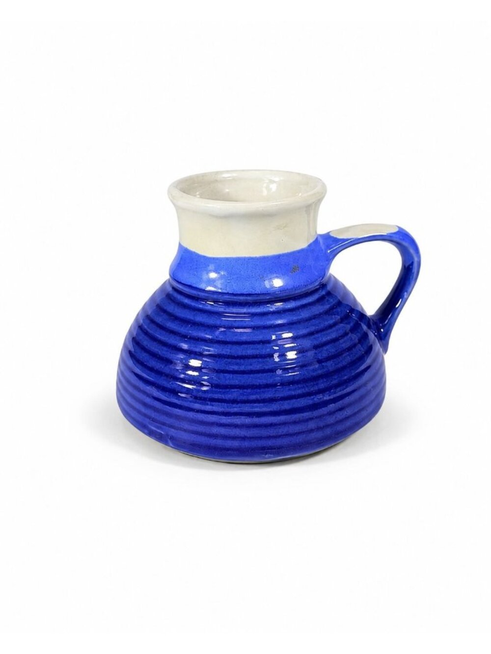 Pottery coffee mug Wide Bottom No skid Sip Honeycomb Blue Cream Glazed Ceramic
